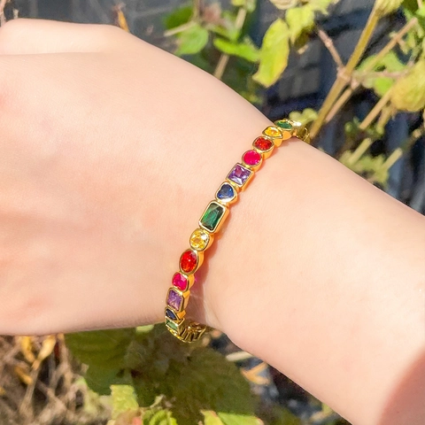 Luxe Koperen Regenboog Zirconia Open Armring Voor Dames Geometrisch Kleurrijk Goud Zilver Verguld Sieraden Cadeau