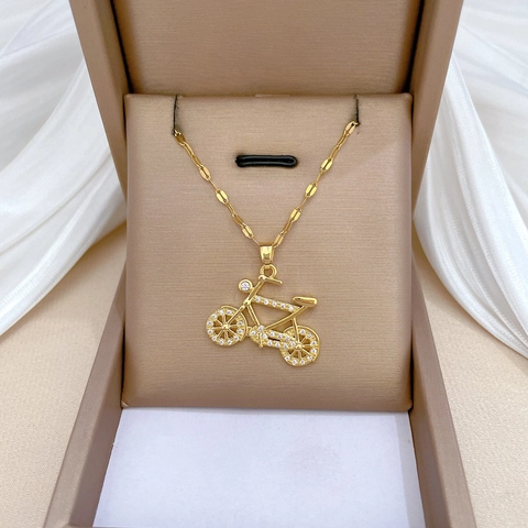 Bicycle Pendant Necklace Gold Plated Stainless Steel Titanium Chain Copper Micro Inlaid Zircon Clavicle Chain Women