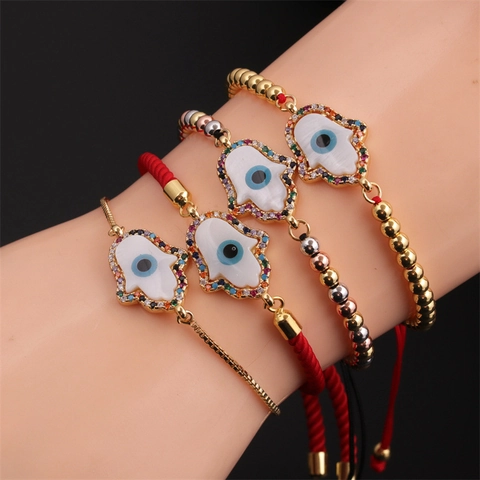 Hamsa Hand Evil Eye Adjustable Bracelet Copper Cubic Zirconia Vintage Ethnic Bohemian Jewelry Women Gift