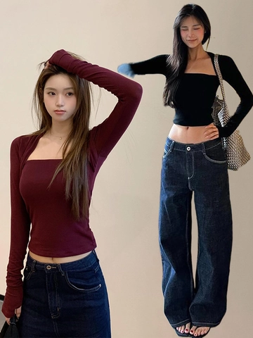 Women Slim Fit Square Neck Long Sleeve Top Lyocell Wool Blend Faux Two Piece Ribbed Knit Chic Sexy Streetwear