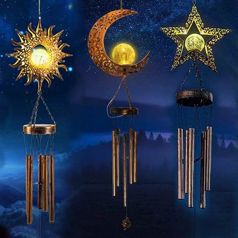 Solar Wind Chime Lights Outdoor Garden Decor Metal Hollow Moon Star Waterproof Warm LED Crackle Glass Ball Hanging