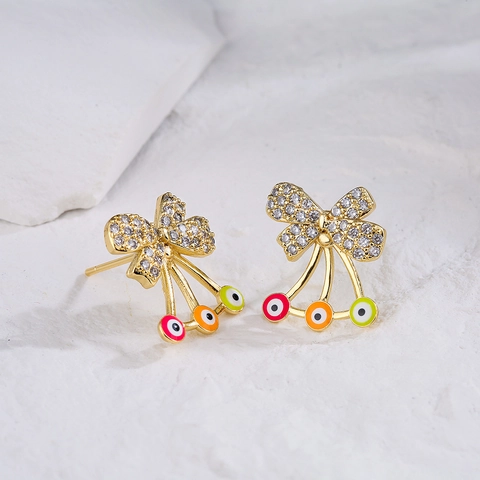 Orecchini A Lobo Con Fiocco Malocchio Placcati Oro 18K Rame Zircone Smalto Colorato Cerchi Geometrici Gioielli Per Donna