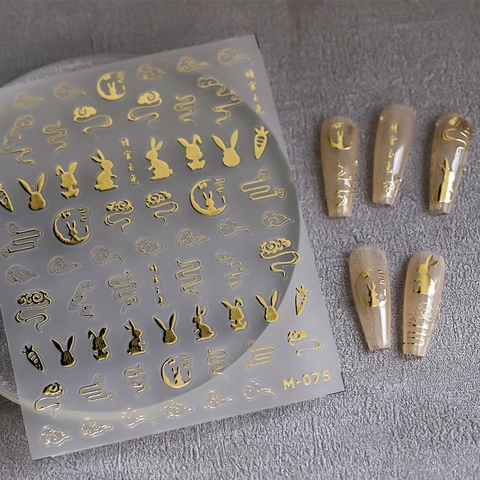 Goud Bronzing Nagelkunst Stickers 3D Reliëf Zelfklevend Chinese Stijl Konijn Wolk Decals Voor Dames Manicure