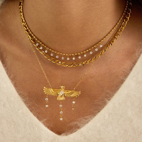Collana con Ciondolo Aquila in Acciaio Inossidabile Placcato Oro 18K Strass Nappa Gioielli Animali per Donna Accessorio Moda