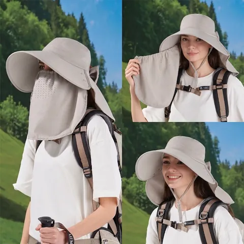 Cappello Protezione Solare Poliestere Ala Larga Protezione Collo Maschera Facciale Rimovibile Foro Coda Cavallo Escursionismo Donna