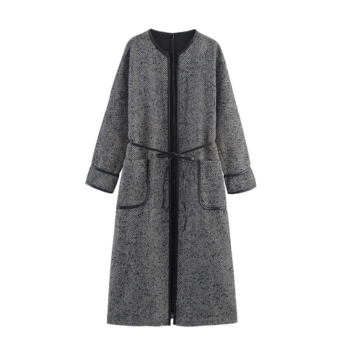 Lange Damesjas Visgraatmotief Kraagloos Tailleriem Lederen Bies Zak Elegant Britse Stijl Bovenkleding