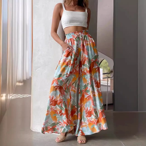 Women High Waist Wide Leg Pants Loose Bohemian Floral Printed Casual Tencel Polyester Summer Vacation Lounge Bottoms