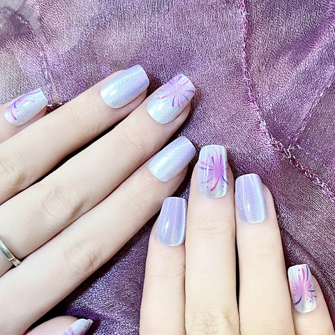 Purple Cat Eye Press On Nails With Firework Pattern Shimmer Square Round Shape Manicure Full Cover Fake Nails Y-310