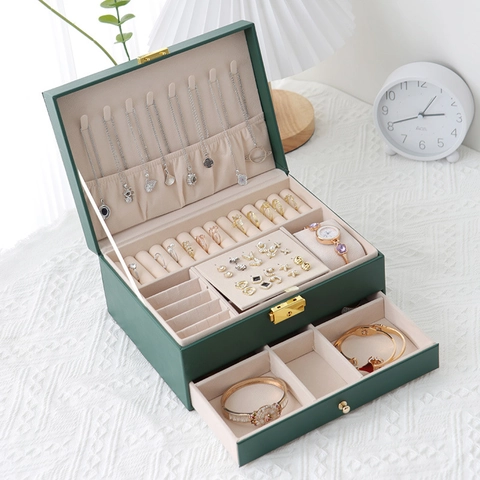 Double Layer Jewelry Box PU Leather Drawer Lockable Storage Organizer For Earring Ring Necklace Bracelet