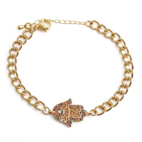 Hamsa Hand Evil Eye Bracelet Gold Plated Copper Colorful Zircon Cuban Link Chain Bohemian Ethnic Jewelry For Women