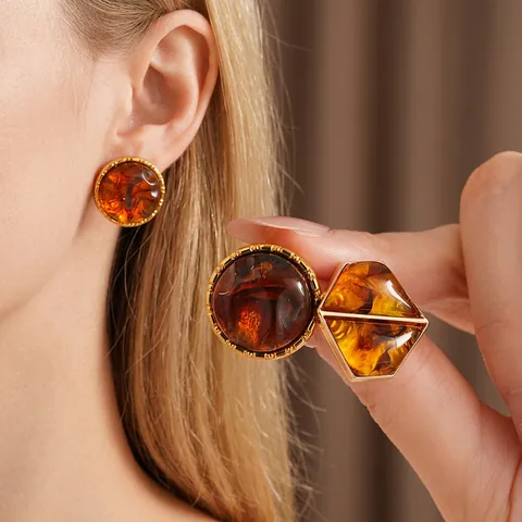 Pendientes Geométricos Retro De Resina Ámbar Con Poste De Plata Aleación Chapada En Oro Redondo Hexágono Joyería Mujer
