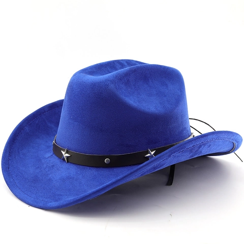 Classic Western Cowboy Hat Faux Suede Wide Brim With Leather Star Rivets Belt Unisex Style Party Outdoor