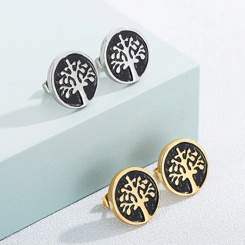 Stainless Steel Round Stud Earrings With Tree Of Life Hamsa Hand Eye Of Horus Enamel Rhinestone Vintage Gothic Jewelry For Women