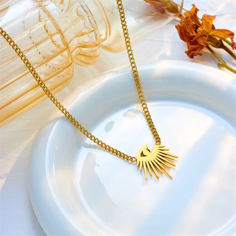 Evil Eye Pendant Necklace Gold Titanium Steel Sunburst Blue Rhinestone Curb Chain Fashion Jewelry For Women