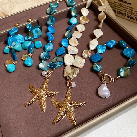 Joyas Estilo Vacaciones Playa Concha Estrella De Mar Perla Artificial Collar Pulsera Pendientes Con Poste De Plata