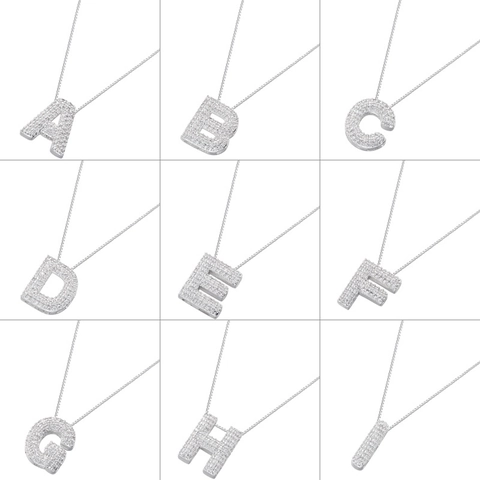 Initial Letter Necklace Copper Micro Pave Zircon Pendant Box Chain Luxury Hip Hop Style Women Jewelry