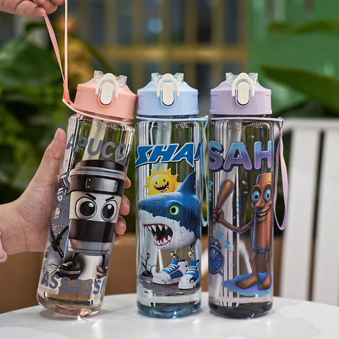 Cartoon Water Bottle PC Plastic Portable Straw Cup With Carrying Strap And Safety Lock For Outdoor Sports Travel Kids