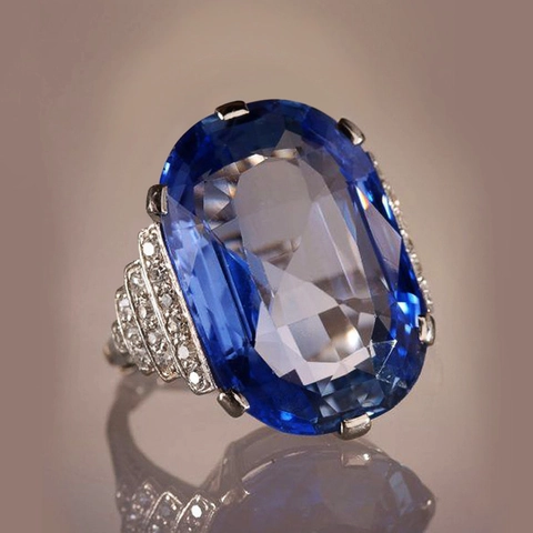 Anello Di Fidanzamento Di Lusso Con Zircone Blu Ovale Rame Placcato Argento Stile Vintage Pietre Laterali Per Donne