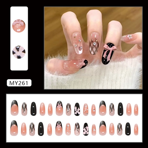 Uñas Postizas Press On Blush Francés Rosa Negro Cuadros Corazón Diamantes Imitación Lazo Plástico ABS Estilo Dulce Mujeres