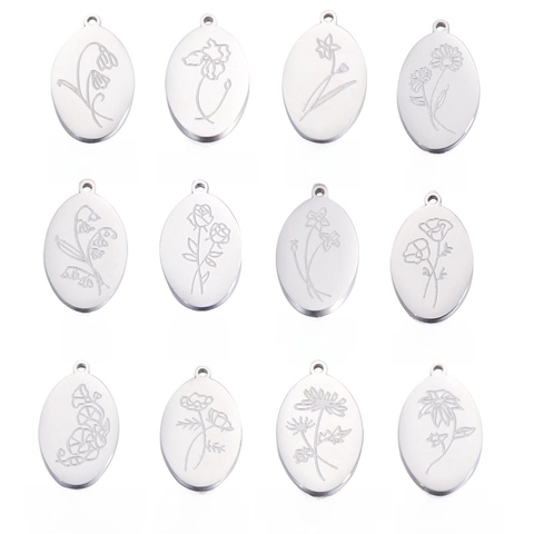 Ciondoli Con Fiori Del Mese Di Nascita Ovali Charms Floreali Incisi In Acciaio Inossidabile 304 Per Creazione Di Gioielli DIY