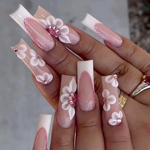 Ongles à Presser Ballerine Longue French Manucure Fleur 3D Strass Paillettes Faux Ongles Style Doux Pour Femmes
