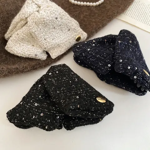 Tweed Fabric Bow Hair Claw Clip Acrylic Metal Sequin Shark Clip French Vintage Elegant Accessory For Women