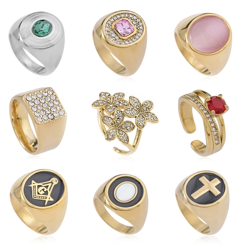 Anello Vintage in Acciaio Inossidabile Lusso Intarsiato con Strass Anello con Pietra Preziosa Oro Argento Placcato Geometrico Anello per Donna Uomo Gioielli