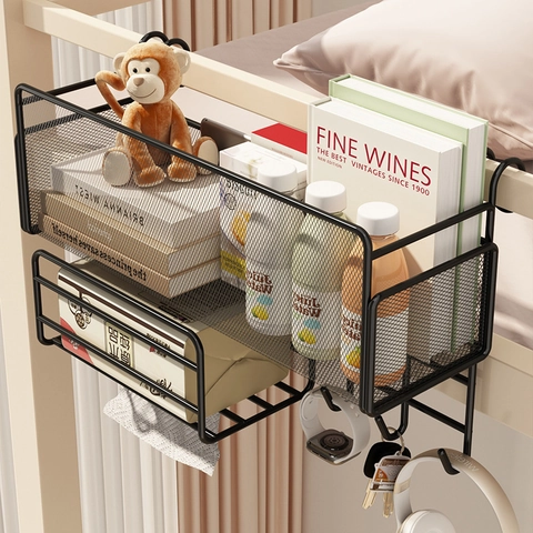 Bedside Hanging Caddy Metal Mesh Dormitory Bunk Bed Storage Basket No Drill With Hooks And Tissue Holder Organizer