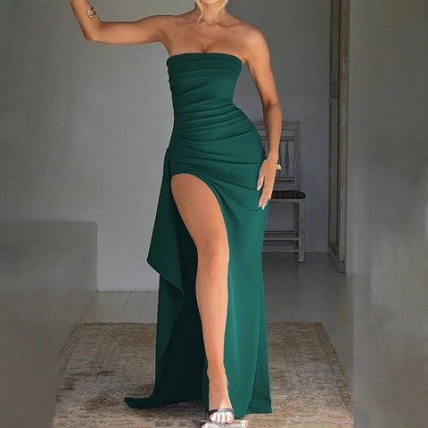Sexy Strapless Evening Dress Ruched High Slit Backless Polyester Solid Color Party Maxi Gown For Women