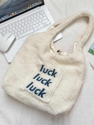 Lammwolle Plüsch Einkaufstasche Luck Buchstabieren Stickerei Große Kapazität Lässige Schulter Handtasche Für Damen