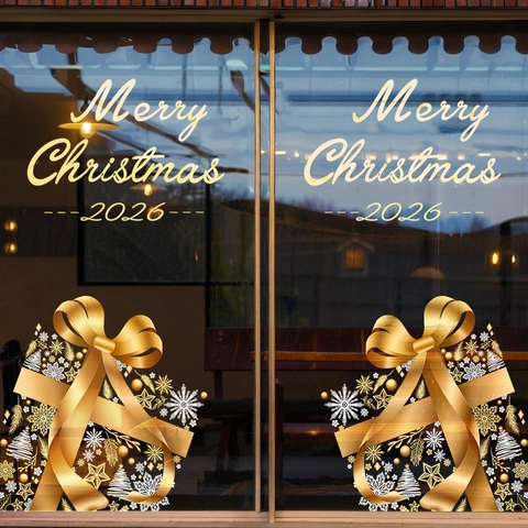 Christmas Window Sticker Static Cling PVC Golden Gift Box Snowflake Star Merry Christmas 2026 Festive Glass Decal Removable