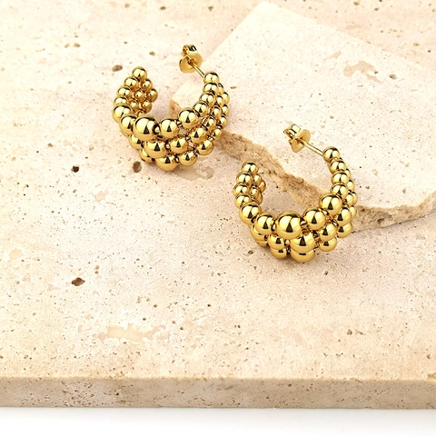 C-Förmige Creolen Edelstahl Vergoldet Dreireihig Metallkugel Perlen Cluster Stecker Schmuck Für Damen