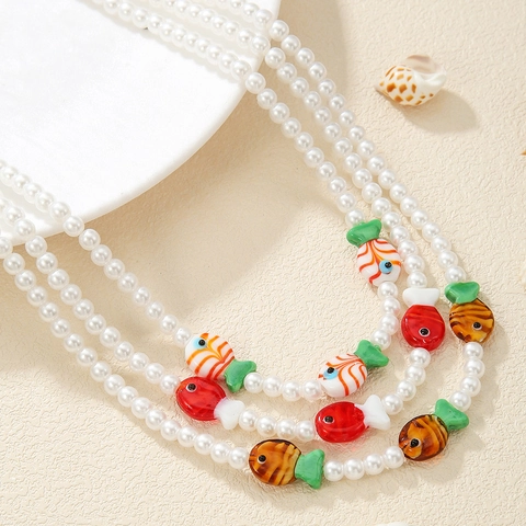 Colorful Beaded Necklace With Imitation Artificial Pearl And Resin Fish Heart Pendant Sweet Fashion Jewelry For Women