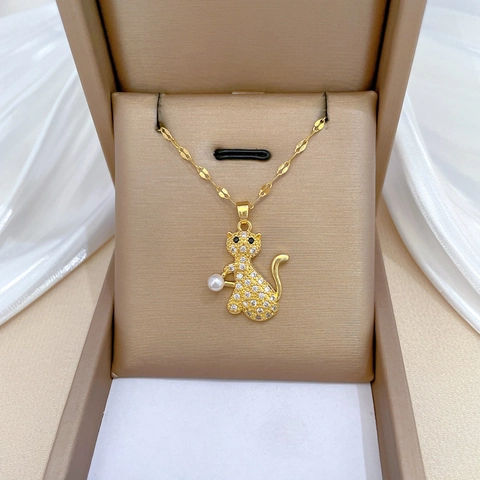 Kat Kunstparel Hanger Ketting Zirkoon Ingelegd Koper Roestvrij Staal Elegante Sleutelbeenketting Luxe Stijl Voor Vrouwen