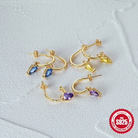 Boucles d'Oreilles Goutte d'Eau en Argent Sterling 925 Plaqué Or en Forme de C avec Zirconia pour Femme Bijoux de Luxe