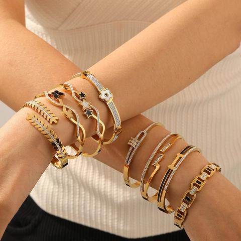 Brazalete De Acero Inoxidable Bañado En Oro De 18K Zircón Concha Mariposa Estrella Flor Joyería Elegante Para Mujer