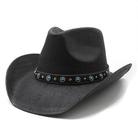 Chapeau De Cow-Boy Western Paille Tissée Bord Large Protection Solaire Plage Été Vintage Ethnique Bande Turquoise Rivet Hommes Femmes