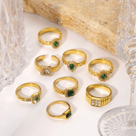 Stainless Steel Ring 18K Gold Plated Emerald Green Zircon Geometric Adjustable Open Finger Jewelry For Women Men Ins