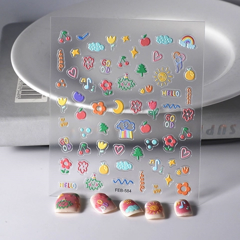 5D Relief Cartoon Nail Stickers For Kids Girls Cute Heart Flower Fruit 3D Embossed Nail Art Decals Waterproof DIY Manicure Decoration