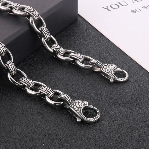 Men Stainless Steel Necklace And Bracelet Retro Totem Pattern Square Link Chain Hip Hop Vintage Jewelry