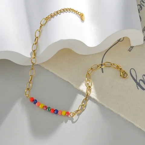 Stainless Steel Gold Plated Bracelet With Artificial Pearl And Colored Faceted Beads Adjustable For Women Elegant Jewelry