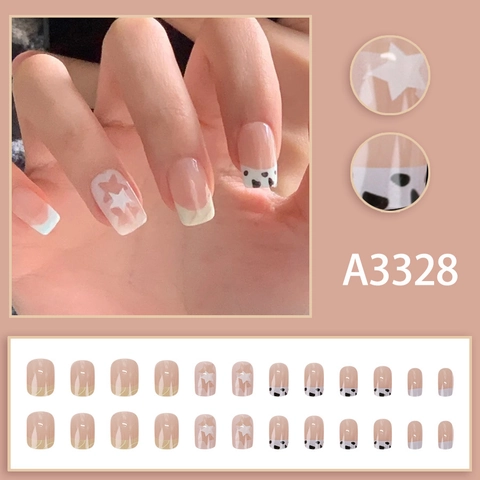 Press On Nails Short Square French Style Cow Print Star Pattern Sweet Artificial Nails Elegant False Nails