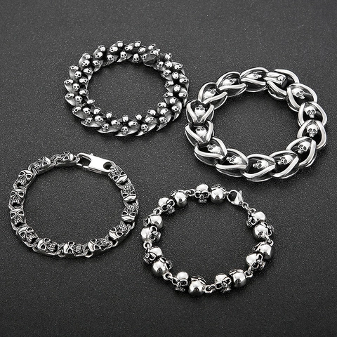 Vintage Stainless Steel Skull Bracelet For Men Punk Gothic Heavy Rock Biker Link Chain Jewelry