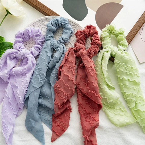 Scrunchie Met Lang Lint Voor Dames Getextureerde Chiffon Elastische Haarelastiek Strik Staarthouder Mode Hoofddeksels