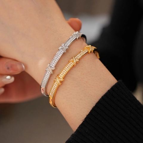 Elegant X Shape Cross Bangle Copper Cubic Zirconia Micro Pave Gold And Silver Plated Fashion Jewelry For Women