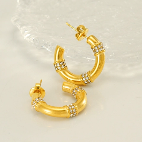Bamboe Ontwerp Oorringen 18K Verguld Roestvrij Staal Geometrisch Strass Ingelegd Franse Vintage Stijl Sieraden Voor Vrouwen