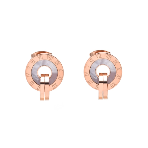 Roman Numeral Stud Earrings Stainless Steel Rose Gold Plated Interlocking Double Ring White Mother Of Artificial Pearl Geometric Women