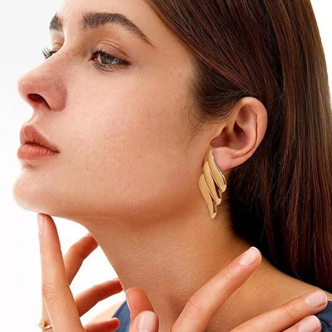 Pendientes De Botón Con Alas De Ángel Acero Inoxidable Baño Oro 18K Textura Nervada Ondulada Joyas De Moda Para Mujer