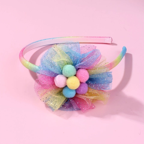 Cerchietto Per Bambini Sfumato Arcobaleno Con Grande Fiore In Rete E Palline Di Peluche Colorate Fascia Per Capelli In Tulle