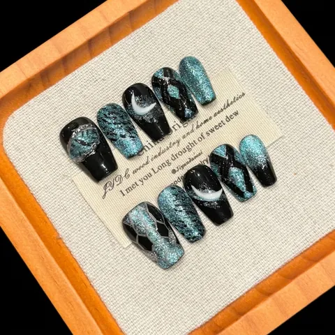 Handmade Siren Moon Press On Nails Black Blue Cat Eye Moon Snake Short Trapezoid Coffin Shape Fake Nails For Women